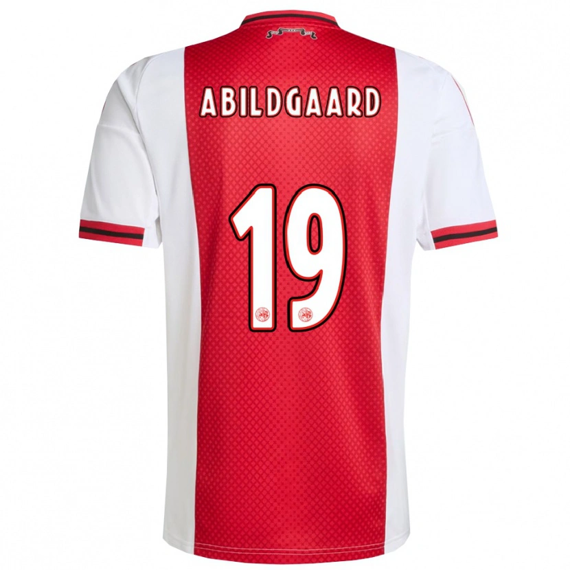 Danxen Criança Camisola Lasse Abildgaard #19 Vermelho Branco Principal 2025/26 Camisa Brasil