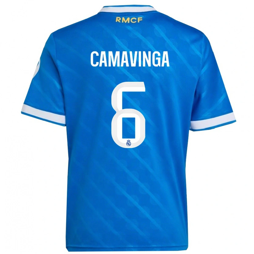 Danxen Criança Camisola Eduardo Camavinga #6 Azul Branco Terceiro 2025/26 Camisa Brasil