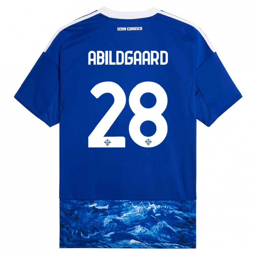 Danxen Criança Camisola Oliver Abildgaard #28 Azul Branco Principal 2025/26 Camisa Brasil