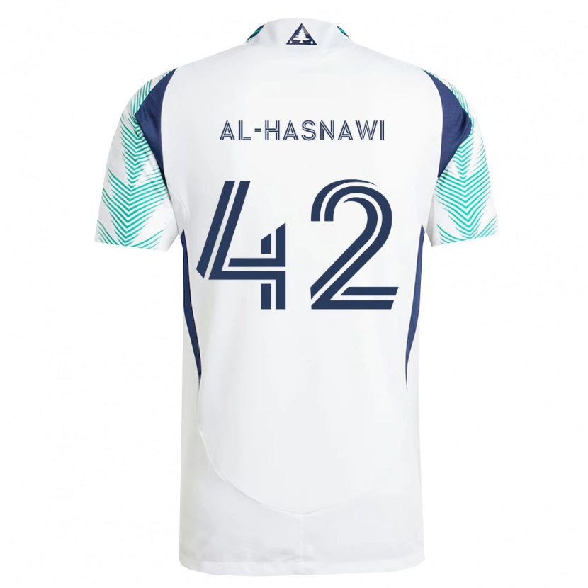 Danxen Criança Camisola Moshtaba Al-Hasnawi #42 Branco Azul Marinho Verde Claro Alternativa 2026/27 Camisa Brasil
