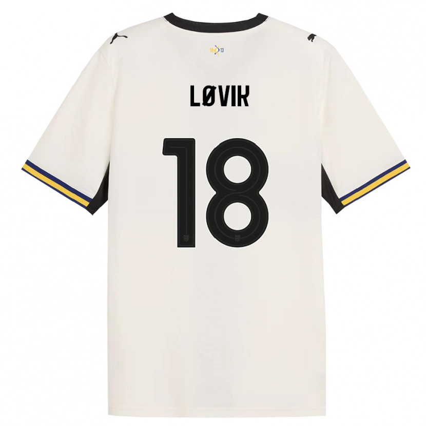 Danxen Criança Camisola Mathias Løvik #18 Off-White Preto Amarelo Principal 2026/27 Camisa Brasil